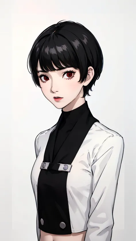 1 girl, very short hair, tomboy pixie haircut, bangs,black hair, red eyes, black lipstick, black choker, face portrait, schoolun...