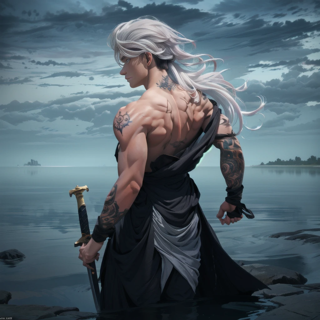 Long white hair femail, tied-back hairstyle, muscular physique, intricate black tattoo on the back, black flowing robe with layered fabric, holding a sword in the right hand, standing pose, facing away from the camera, looking at the water, outdoor setting, water in the background, slight drizzle, dramatic and intense atmosphere, back view angle, well-defined shadows, balanced exposure, no motion blur, strong and serene ambiance.