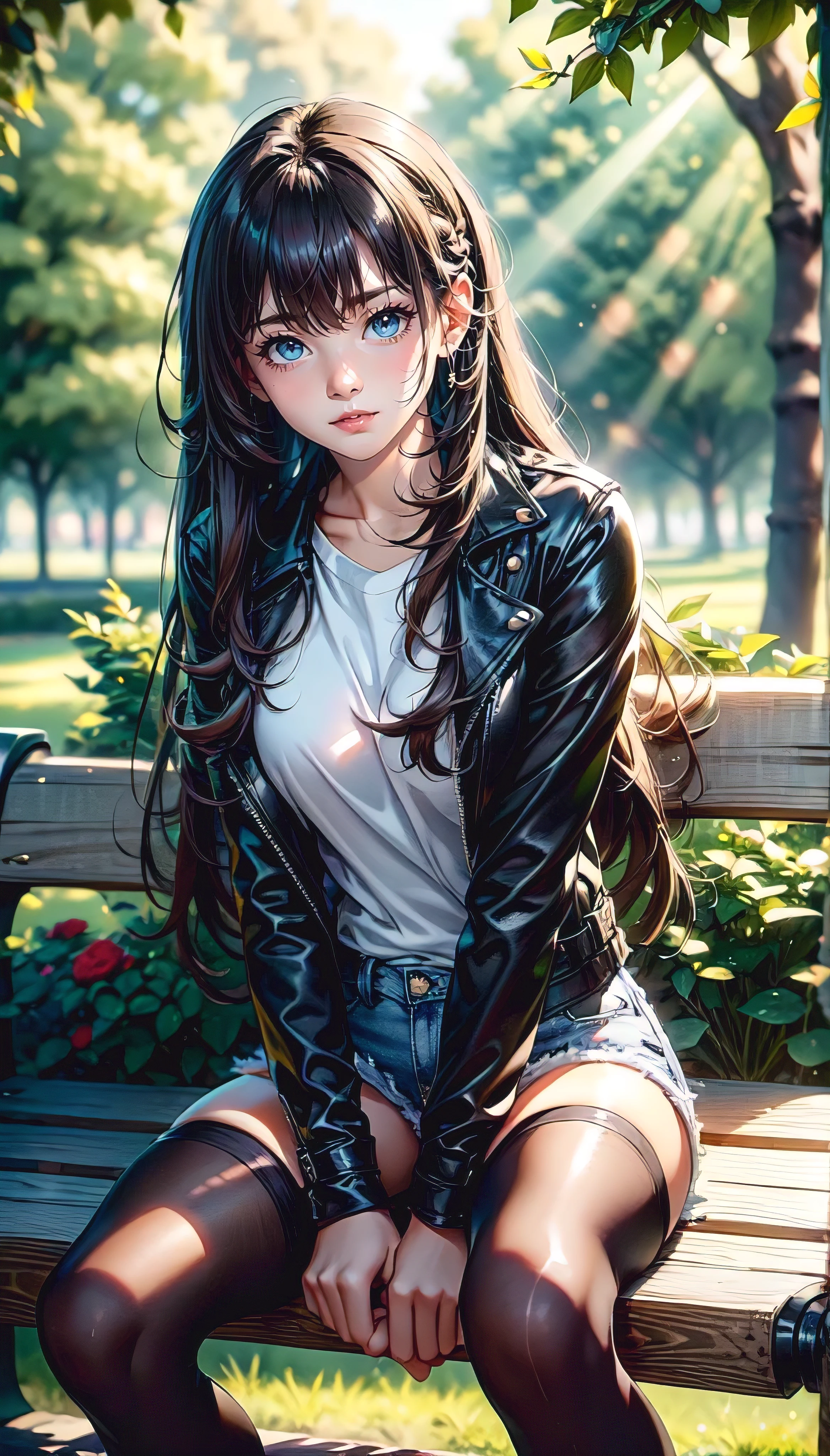 An 1 girl with green eyes and a beautiful, cute long hair hairstyle with bangs ("Straight Long Brown Hair with Bangs"). She is cheeky, but incredibly sweet and has a charming, playful expression on the face. She wears a cool leather jacket, underneath a white T-shirt, black denim shorts, tights with white ankle socks and black high heels. She is sitting on a very detailed bench in a beautiful park, surrounded by green trees, colorful flowers and soft rays of light, that fall through the leaves. The park should be full of natural details, which underline the peaceful and beautiful atmosphere. The image should be highly detailed, with HDR and Ultra 8K resolution, about the textures of their clothes, the lively environment and its cheeky, sweet expression perfectly captured.(full body focus)


