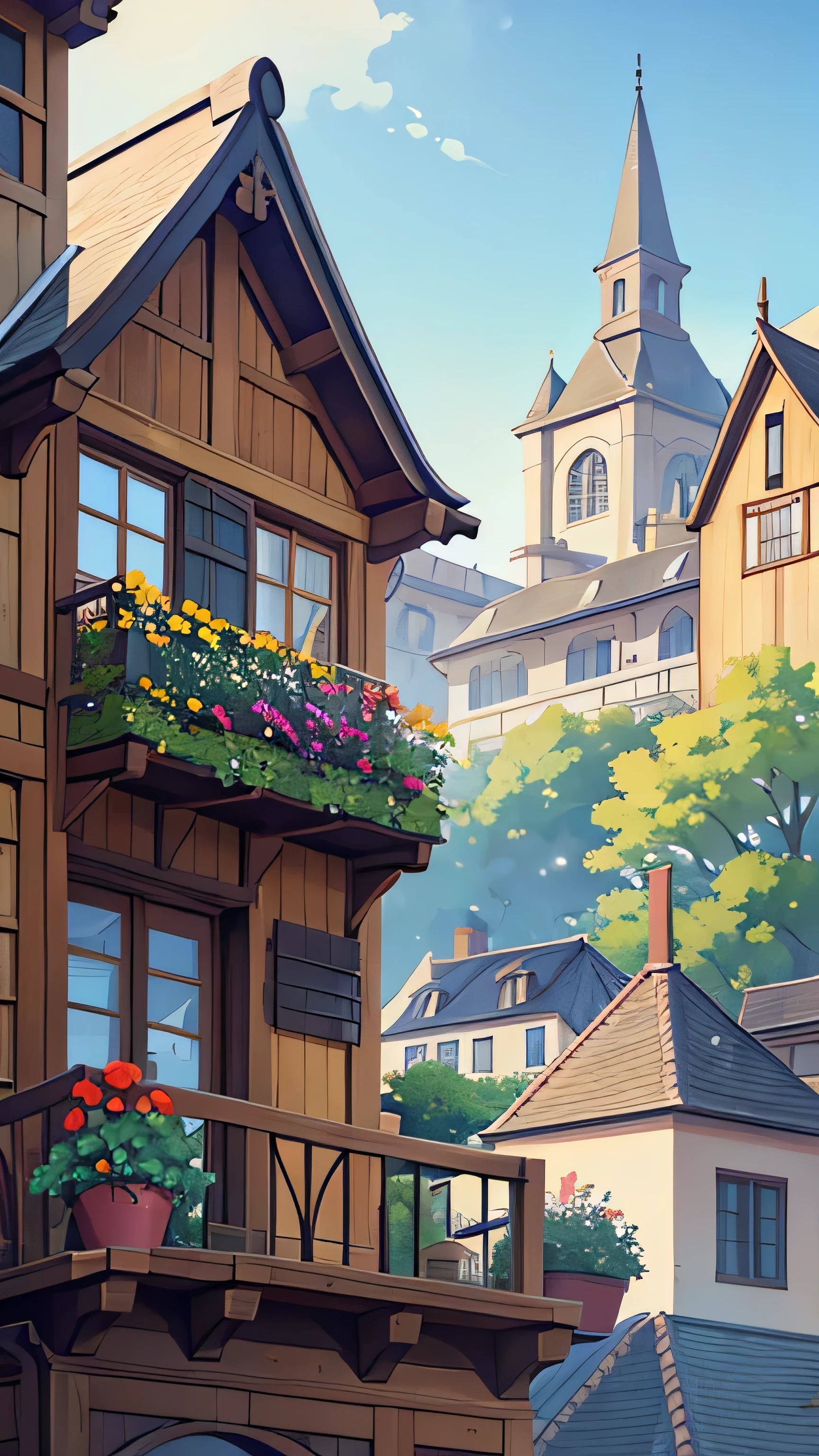 two-story house, Middle Ages, flower bushes, anime drawing, city square, balcony with open window