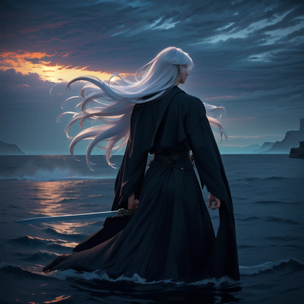 Long white hair femail, tied-back hairstyle, muscular physique, intricate black tattoo on the back, black flowing robe with layered fabric, holding a sword in the right hand, standing pose, facing away from the camera, looking at the water, outdoor setting, water in the background, slight drizzle, dramatic and intense atmosphere, back view angle, well-defined shadows, balanced exposure, no motion blur, strong and serene ambiance.