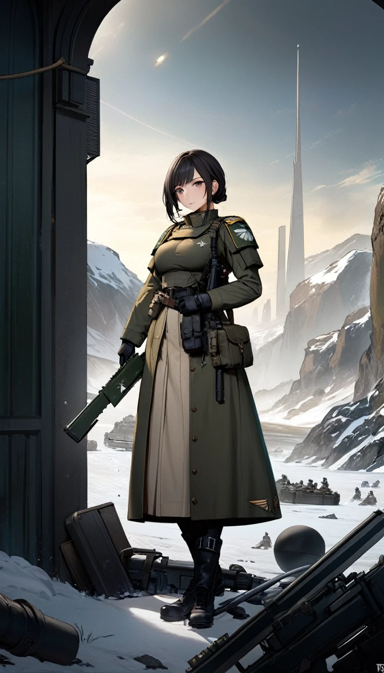 breathtaking Female soldier, astra militarum, scenery, detailed background, masterpiece, best quality, high quality, absurdres . award-winning, professional, highly detailed