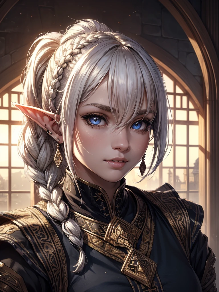 Create a portrait of a cute  boy who has slight elf-like features. has fair skin, medium length messy white colored platinum hair with messy ponytail with messy bangs between the eyes, with braids embedded and hair ornaments. It has completely white eyes without pupils., slightly pointed ears with earrings, small, fleshy mouth and teeth with slightly pointed fangs. Big eyelashes and a serene look. She is wearing fancy medieval costumes, in an apocalyptic era.独奏, high resolution, gazing at viewer, hair ornament,  (best qualityer,4K,8k,high resolution,work of art:1.2),ultra detali,(realisitic,photorealisitic,photo-realisitic:1.37),portraite,conceptual artwork,dramatic lighting,bright coloured,details Intricate,(beautiful detailed eyes,beautiful detailed lips,extremely detailed eye and face,long eyelashes)