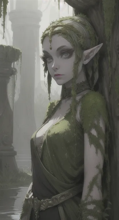 overgrown swamp life, swamp, petrified princess zelda, stone statue, cracked skin, grey skin, grey hair, grey eyes, covered in m...