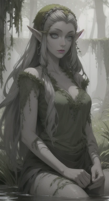 Overgrown swamp life, swamp, petrified princess Zelda, stone statue, cracked skin, grey skin, grey hair, grey eyes, covered in moss,