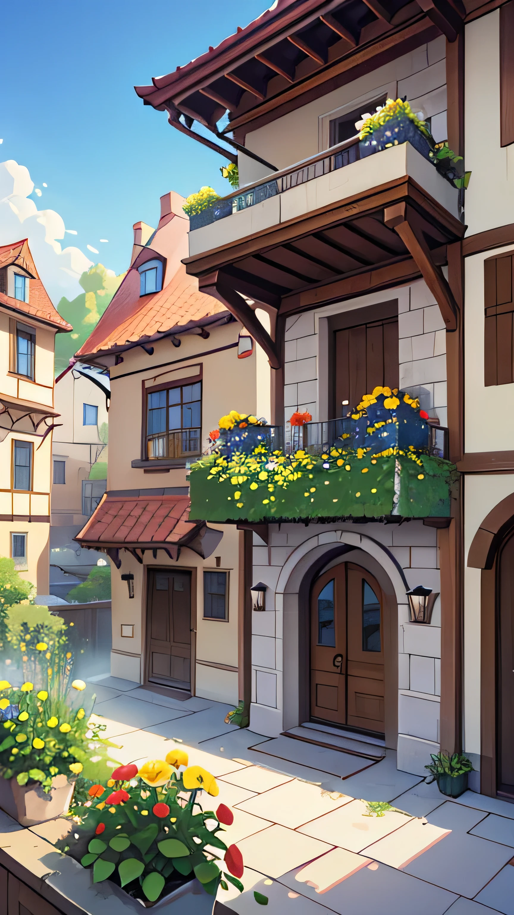 two-story house, Middle Ages, flower bushes, anime drawing, city square, balcony with open window