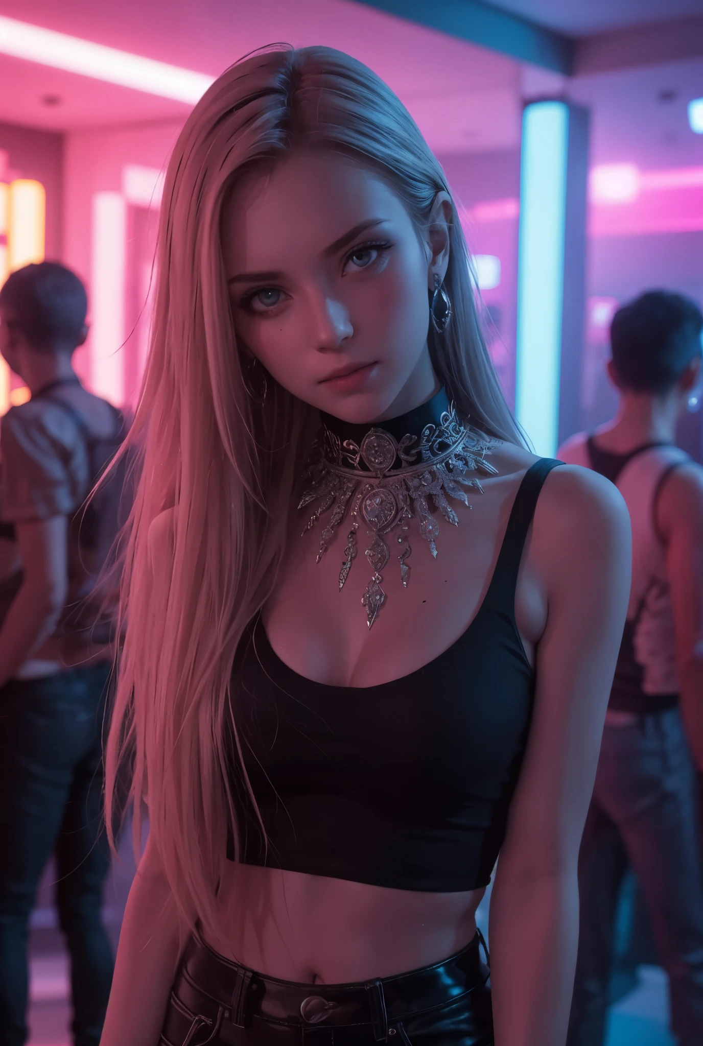 girl, pov, standing, drooping head tilt, leaning forward, hand on breast, ornate intricate metallic plastron statement necklace, detailed necklace, choker, stylish tank top, (slipping strap:1.2), (13yo, cute), (breasts:1.2), low-waist shiny tight pants, detailed face, looking at viewer, (sharp gaze), (serious gaze:0.8), geometric statement earring, (very straight hair:1.4), (long hair), pale blonde hair, frayed-trimmed hair, middle-parted hair, flash photography, inside modern night club interior, futuristic design element, vibrant neon lighting, minimalist furniture, ambience lighting, (surrounded by man:1.2),