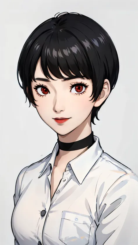 1 girl, very short hair, tomboy pixie haircut, bangs,black hair, red eyes, black lipstick, black choker, face portrait, schoolgi...