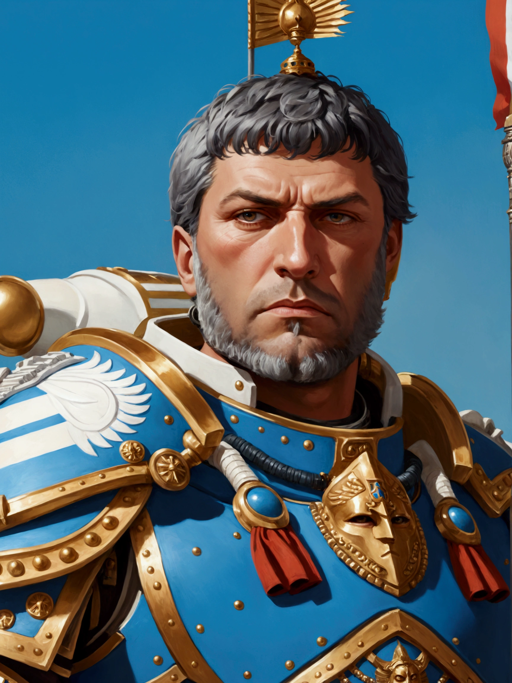 stoic face portrait of javier milei as warhamer emperor with light blue and white armor, warhamer style, argentine flag, imperial