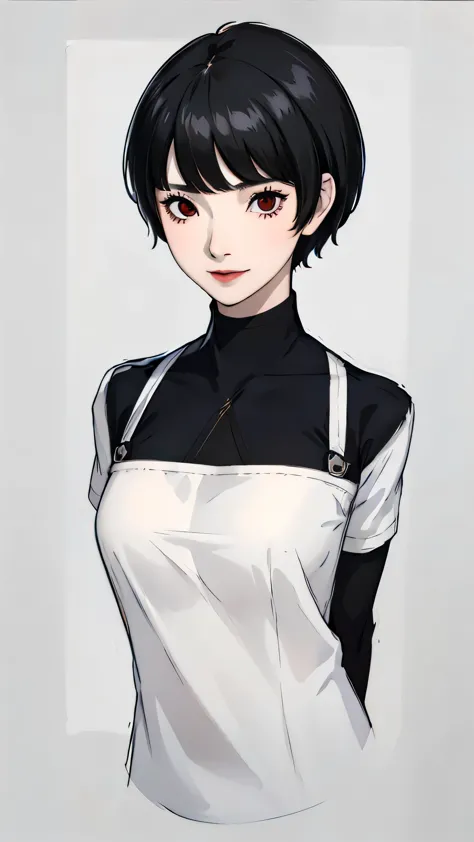 1 girl, very short hair, tomboy pixie haircut, bangs,black hair, red eyes, black lipstick, black choker, face portrait, schoolgi...