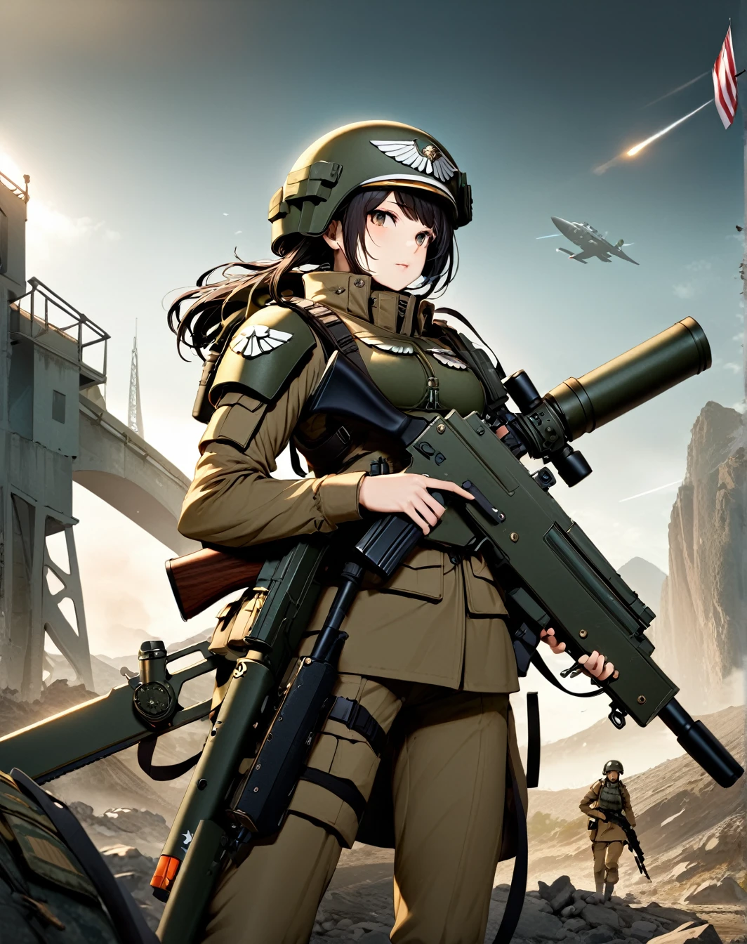 breathtaking Female soldier, astra militarum, scenery, detailed background, masterpiece, best quality, high quality, absurdres . award-winning, professional, highly detailed