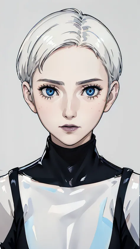 1 girl, very short hair, tomboy pixie haircut, white hair, blue eyes, black lipstick, black choker, face portrait, latex suit , ...