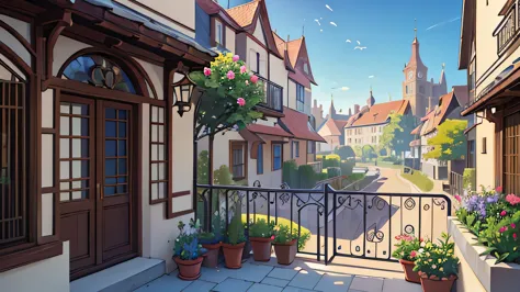 two-story house, middle ages, flower bushes, anime drawing, city square, balcony with open window