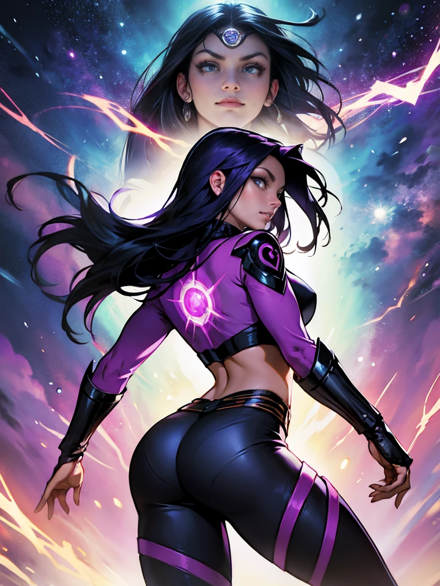 Raven facing forward and Starfire facing backwards