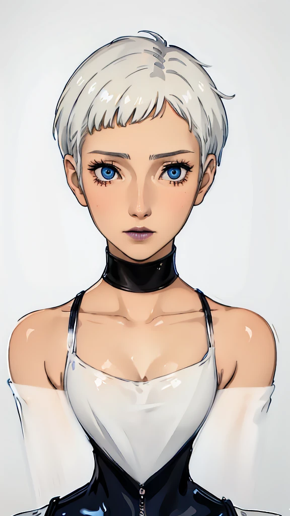 1 girl, very Short hair, tomboy Pixie haircut, white hair, blue eyes, black lipstick, choker, face portrait, latex suit , front face, white background, front face, face portrait, bangs, wheatskin 