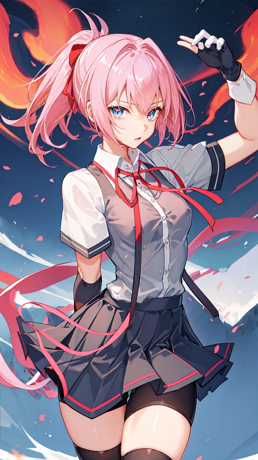 ((masterpiece)),(best quality),official art,extremely detailed CG,unity 8k wallpaper,ultra detailed,1girl,solo,cowboy shot,(portrait:1.2),neck_ribbon,red_ribbon,pink_hair,blue_eyes,fingerless_gloves,bike_shorts,pleated_skirt,ponytail,white_shirt,school_uniform,black_gloves,short_sleeves,grey_skirt,short_hair,dress_shirt,shorts_under_skirt,collared_shirt,zettai ryouiki thighhighs (visible nipple)small breasts.Narrow waist。Perfect proportions。Slender body。well-proportioned body。Poses that show off the side of the body(satin fabric shirt)