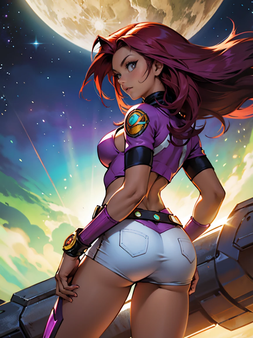 Starfire standing with her back turned looking back, butt up and legs open.