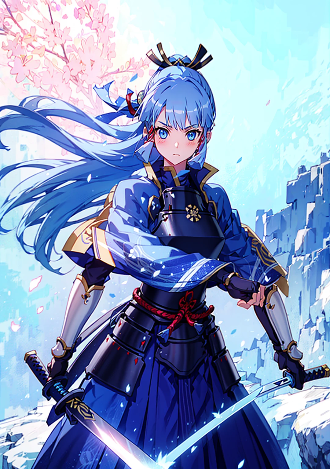 Displaying the viewer, 1 girl,  Highest quality, Blue Hair, blue eyes, Japanese style armor, Sword in hand, electricity, kamisato ayaka, whole body, blush, Serious face、Very detailed、High resolution、High resolution、Written boundary depth,White Background,A sword as big as your body