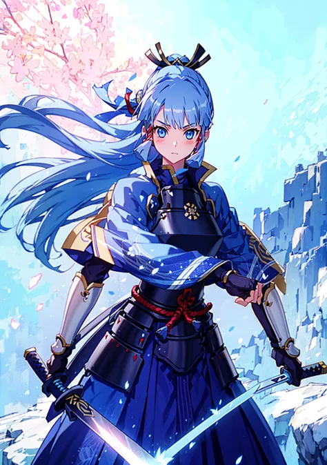 displaying the viewer, 1 girl,  highest quality, blue hair, blue eyes, japanese style armor, sword in hand, electricity, kamisat...