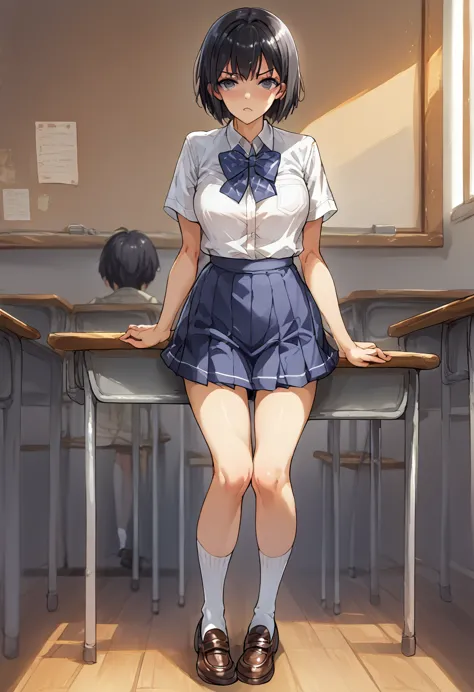 in the classroom、full body shot、black hair、short hair、white short-sleeved shirt、ribbon、mini check skirt、navy short socks and loa...