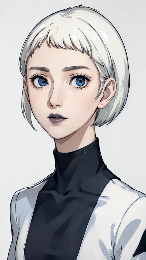 1 girl, very short hair, tomboy pixie haircut, white hair, blue eyes, black lipstick, face portrait, 
black turtleneck shirt  , ...