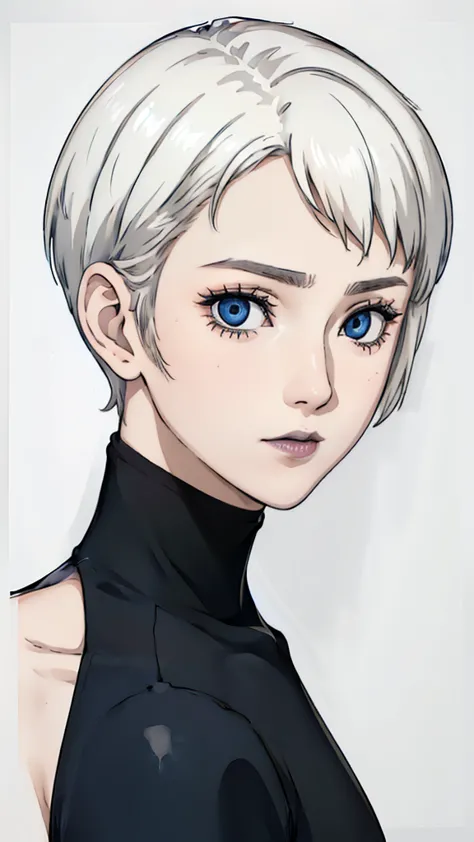 1 girl, very short hair, tomboy pixie haircut, white hair, blue eyes, black lipstick, face portrait, 
black turtleneck t-shirt  ...