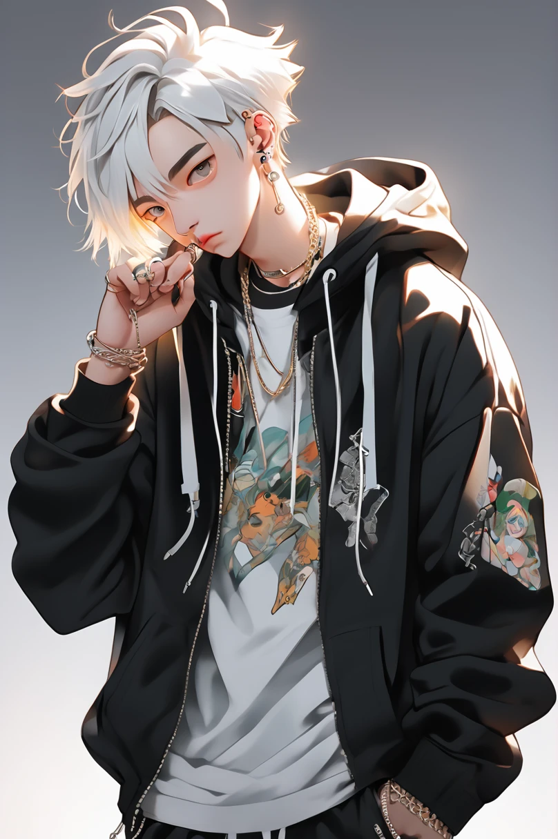 Plain background, Anime Portrait, 2D, Flat anime style, Studio Illustration, 
masterpiece, Highest quality, hoodie, Girls Shots, white hair, Standing pose, whole body, Silver or gold necklaces and thin rings, 
sneakers, Ahoge, , Beautiful and attractive anime teen, Bad boy, Tattoo, Nose Piercing, Lip Piercing