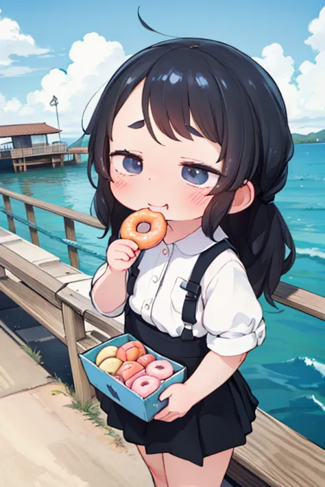 Her fun time，One Girl，Tied chignon hair，Innocent look，Eyebrows are lowered，Drooping eyebrows，Droopy eyes，Cute big eyes，A kind smile，Round chin，:1.3)，(Nervous，Embarrassing，sleepy,Embarrassing:1.2)，An innocent smile，(Embarrassing,A shy smile:1.1)，Eating donuts on the pier while looking out to sea，many kinds of ドーナツs，Summer uniform，Black Check Pleated Skirt， middle School girls，Eat-in、eating a ドーナツ，Shopping and dining with friends，