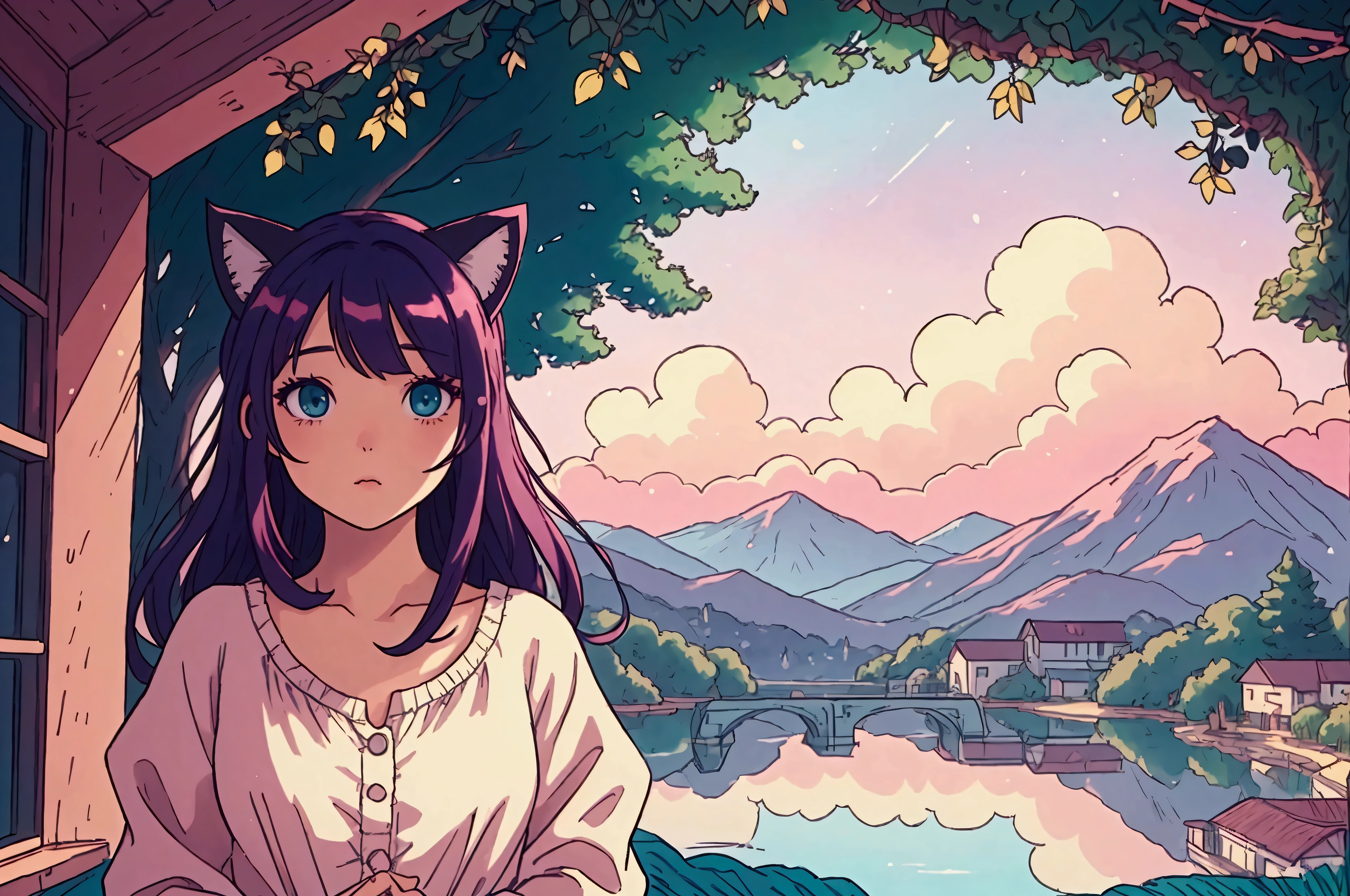 A girl, cat ears, shiny hair with a relaxing atmosphere, in a relaxing place with details, with detailed and beautiful background with landscapes and calm places, and the detailed and vibrant colors, reflecting an 80s and 90s anime aesthetic, mixed with a touch of Fujifilm aesthetics. The girl has beautiful eyes, and the entire composition is in 4K, capturing the lofi aesthetic with a soft and tranquil atmosphere.