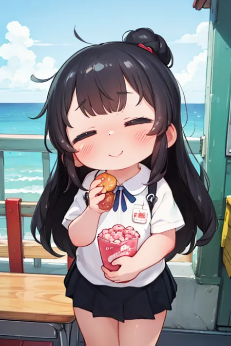 Her fun time，One Girl，Tied chignon hair，Innocent look，Eyebrows are lowered，Drooping eyebrows，Droopy eyes，Cute big eyes，A kind smile，Round chin，:1.3)，(Nervous，Embarrassing，sleepy,Embarrassing:1.2)，An innocent smile，(Embarrassing,A shy smile:1.1)，Eating donuts on the pier while looking out to sea，many kinds of ドーナツs，Summer uniform，Black Check Pleated Skirt， middle School girls，Eat-in、eating a ドーナツ，Shopping and dining with friends，