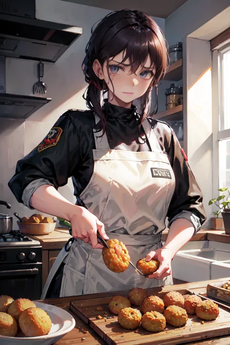 boss in the kitchen, combat uniform,the task of frying croquettes, spy, kitchen, sweat