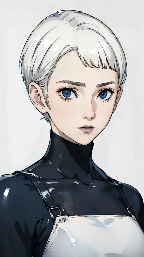 1 girl, very short hair, tomboy pixie haircut, white hair, blue eyes, black lipstick, face portrait, 
black turtleneck latex sui...