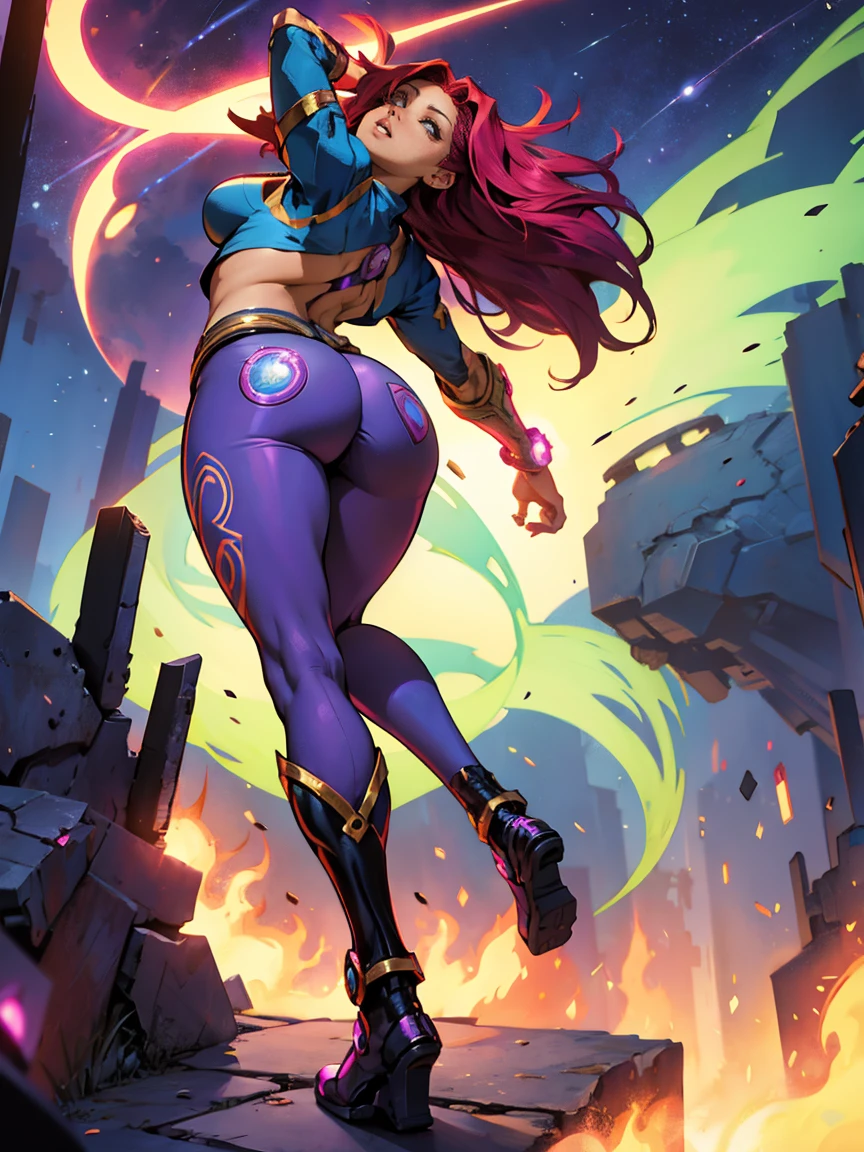 Starfire standing with her back turned looking back, butt up and legs open.