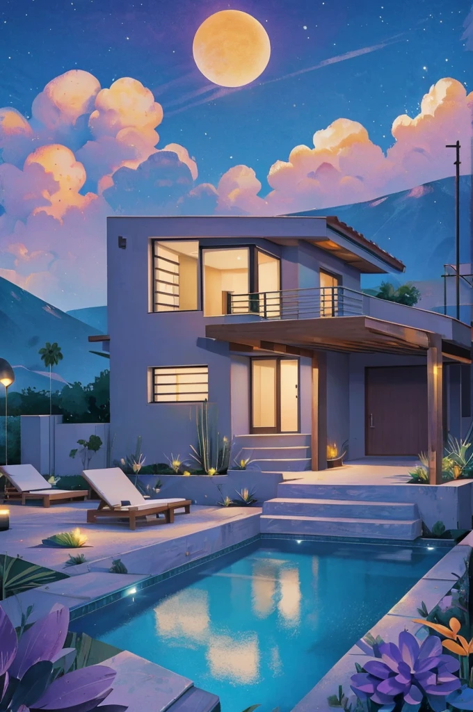 small and beautiful modern house in top of big boulders, terraces, pool, stairs, multiple cacti gardens, palms, trees, rocks, beautiful landscape design, mountains and volcano y background, amazing clouds, sun, moon, planets, milky way galaxy, concrete, wood, glass and steel materials, olive green, violet, orange and withe colors in facade