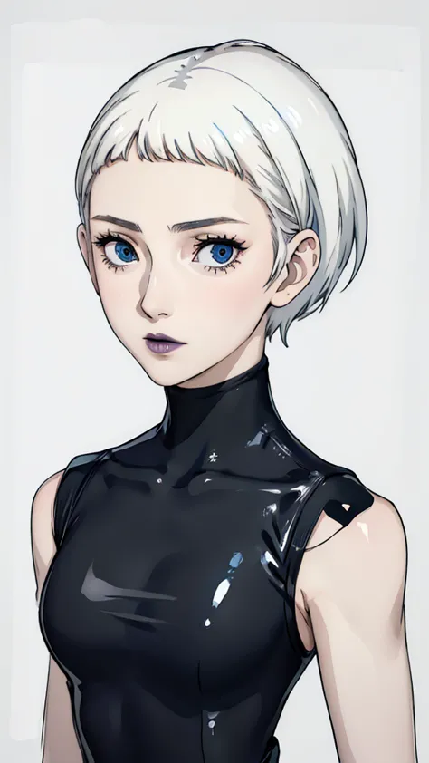 1 girl, very short hair, tomboy pixie haircut, white hair, blue eyes, black lipstick, face portrait, 
black turtleneck latex sui...