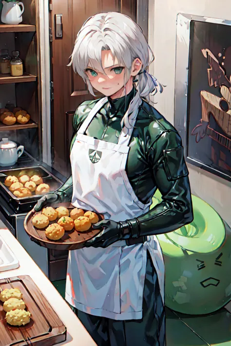 snake from metal gear solid standing in the kitchen(),handsome,shota, combat uniform,the task of frying croquettes, spy, kitchen...