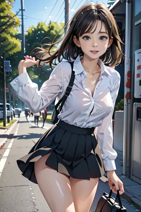 (highest quality)), ((masterpiece)), (detailed), natural light，perfect anatomy，(((cute high school girl，wearing a white open-col...