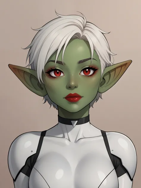 Goblin girl. red eyes. dark green skin. very short hairstyle. choker. red lips. iron man suit