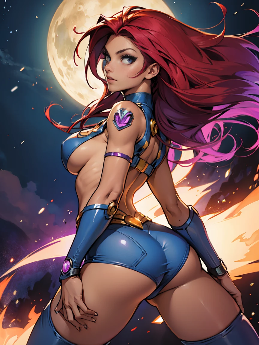 Starfire standing with her back turned, looking back, turning her chest, showing her breasts, butt up, legs open.