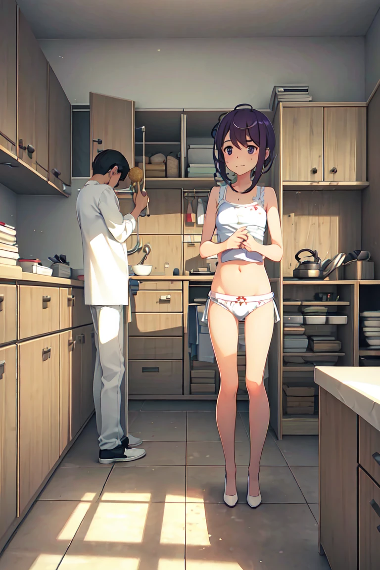 Two people standing in the kitchen(),, In underwear,The task of frying croquettes, Child Spy, Kitchen, Sweat