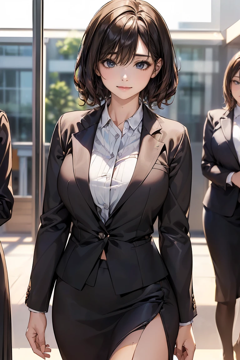 ((trio, woman３people)), (Businesswoman, スーツ姿のセクシーなwoman:1.8), Sexy smile, ((Short Curly Hair, Bob Hair, Straight Long, Different hair colors)), (Office scenery), Group photo