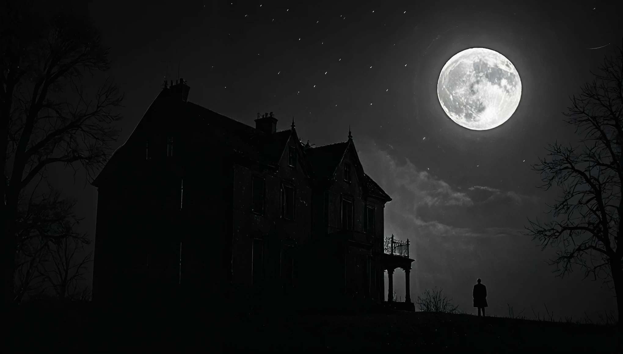  A gloomy silhouette of an abandoned mansion stands out against the night sky. The windows are illuminated by the eerie light of the moon, resembling eyes looking into eternity.

The central element of the artwork is the figure of a ghost, frozen in a desperate gesture. His pale hands are stretched forward as if trying to grasp something lost. Crows circle around him, symbolizing endless sorrow and the futility of love.

The title of our album, "Echoes of Eternal Sorrow," will be displayed in the center of the composition. I imagine it in a gothic style, as if carved on a tombstone.