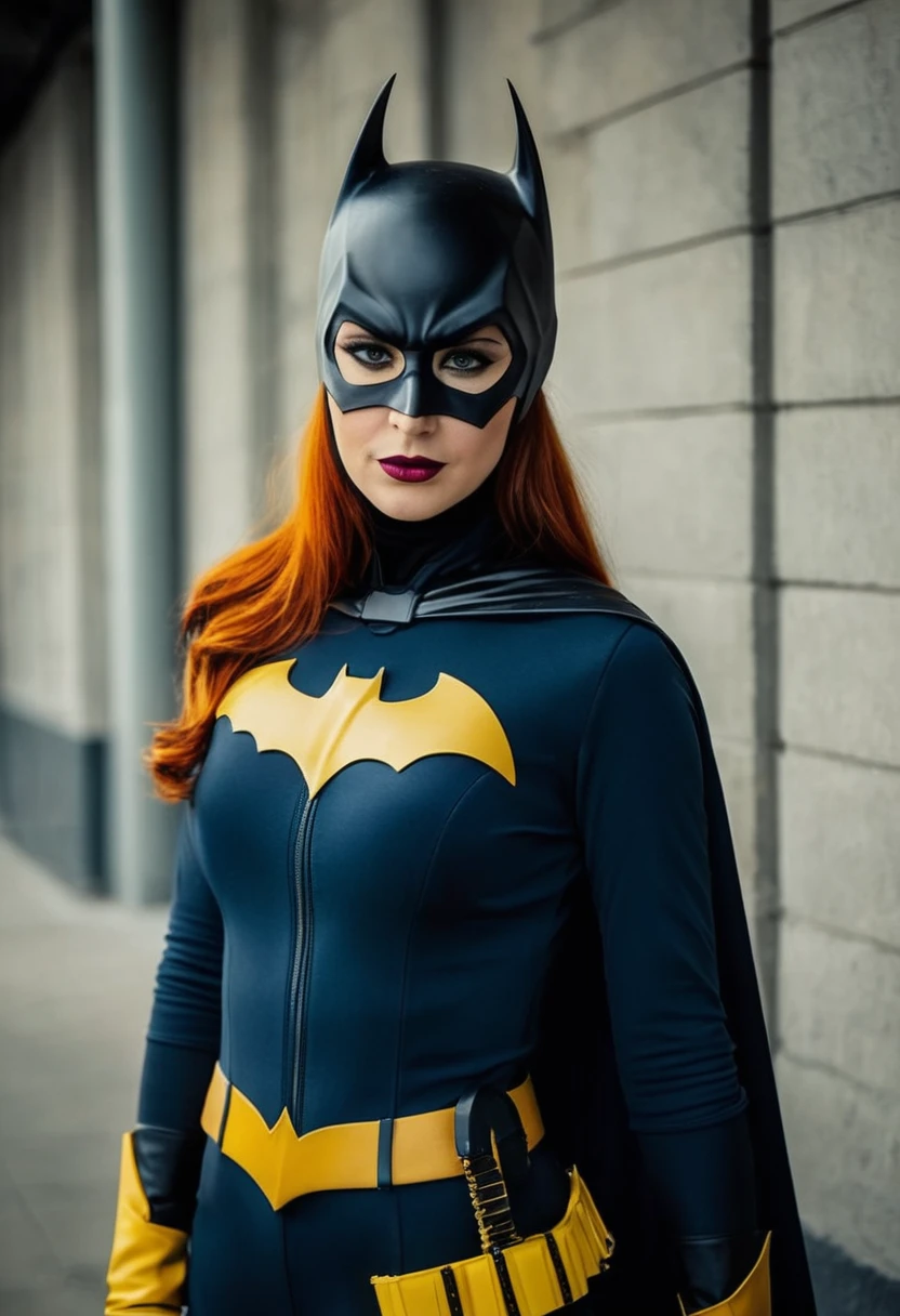 (Cinematic Film stock footage style) in (arri alexa style) (Kodak film print style),
 Batgirl a woman in a Batgirl costume with a bat mask