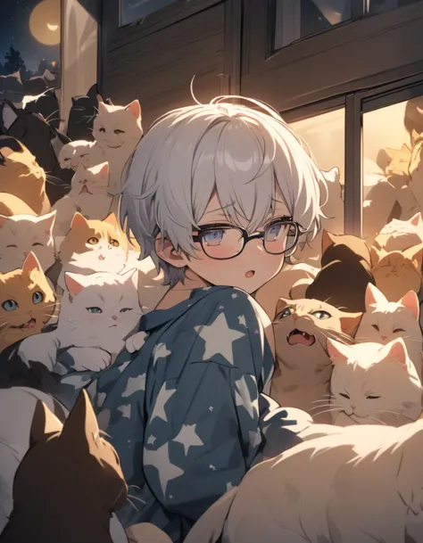 masterpiece,  ((a cute boy)), white hair, glasses, star pattern pajamas, surrounded by many cats, the moon from the window, nigh...