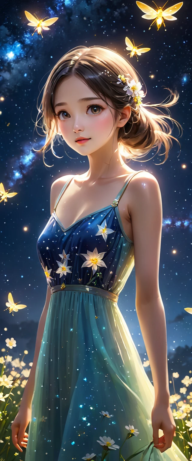 Highest quality, Great quality, 8k, Very detailed, 2.5D, delicate and dynamic, Fireflies flying around with small lights, night, Starry Sky, milky way, nebula, shooting star, Flowers, bird, Kind eyes,The expression of mercy, Delicate facial depiction,  Healthy body shape, Small breasts,  Colorful long dress, Absurd,break,