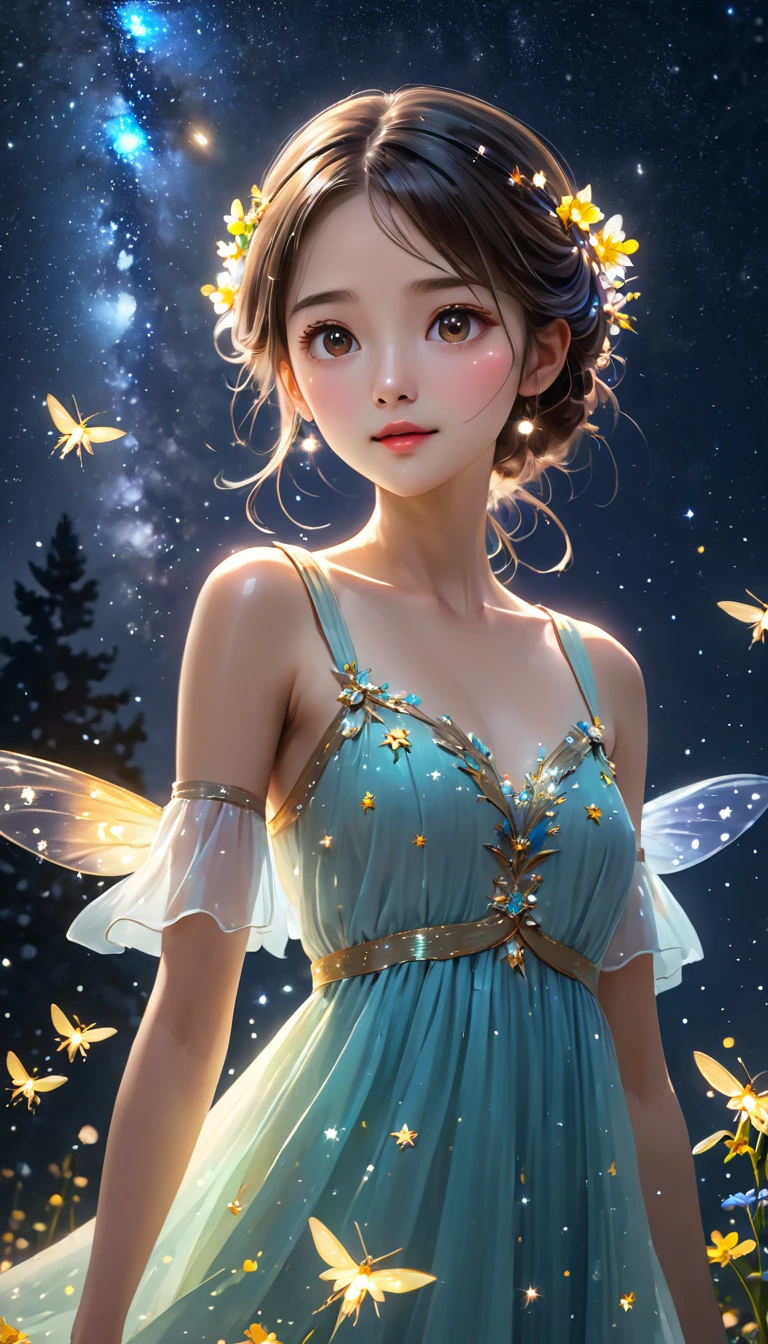 Highest quality, Great quality, 8k, Very detailed, 2.5D, delicate and dynamic, Fireflies flying around with small lights, night, Starry Sky, milky way, nebula, shooting star, Flowers, bird, Kind eyes,The expression of mercy, Delicate facial depiction,  Healthy body shape, Small breasts,  Colorful long dress, Absurd,break,