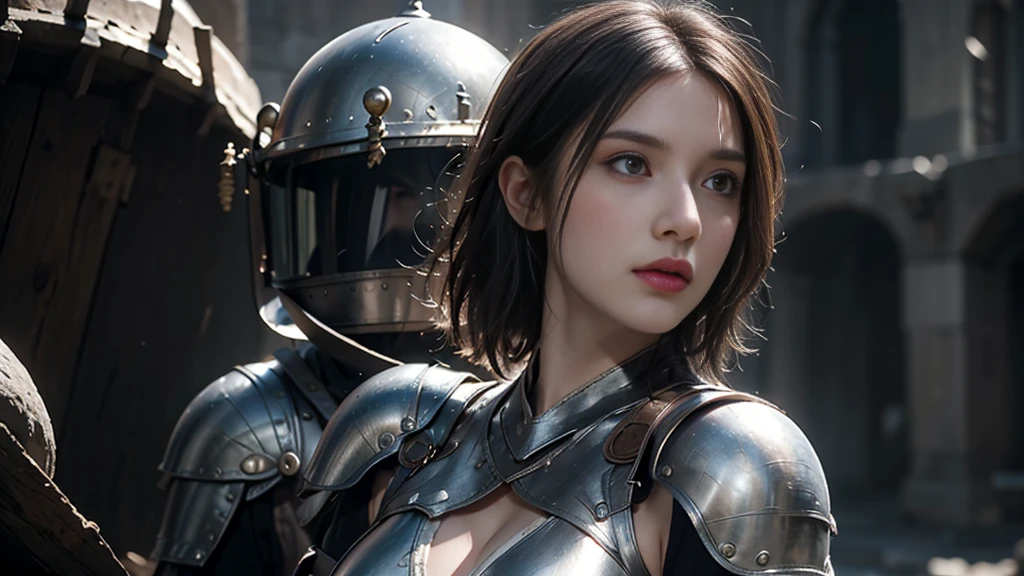 8K,best quality, masterpiece, 超high resolution, (Reality:1.4), RAW photos, (Real skin texture:1.3), (Film Grain:1.3),Realistically, high resolution, 1 girl, individual，short hair, beautiful eyes, Large Breasts, Dark Souls style, Knight Armor，Gorgeous pattern，Upper body shot，The background is the castle