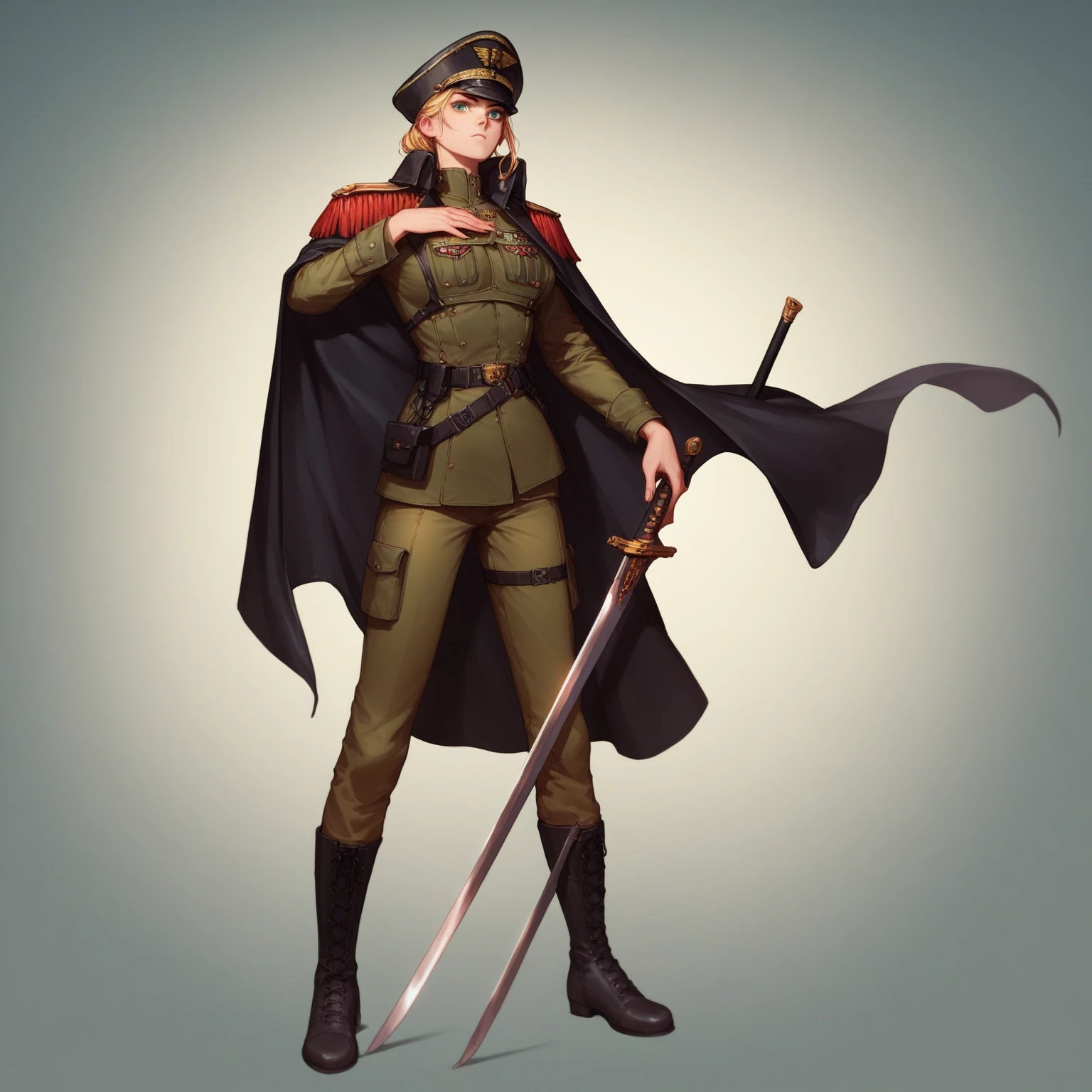 score_9, score_8_up, score_7_up, score_6_up, score_5_up, score_4_up, 1girl, solo, astra militarum, commissar hat, black cape, breast plate, seals, belt, tight pants, leather boots, red attire, black attire, standing, long shot, dark background, black background, rim lighting, posing for picture, sword sheathed, looking at viewer, 