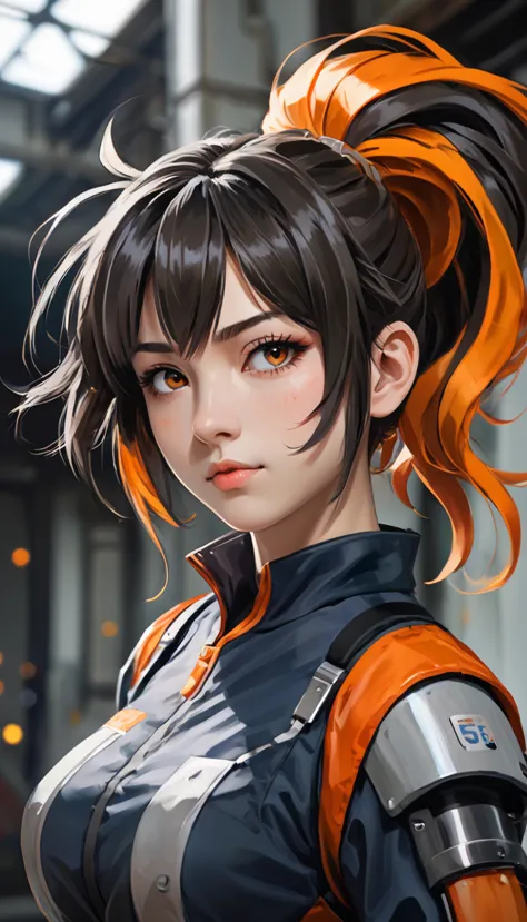 {anime character with medium-length dark hair, accented with bright orange stripes, gathered in a ponytail:0.9}, {she has sharp,...