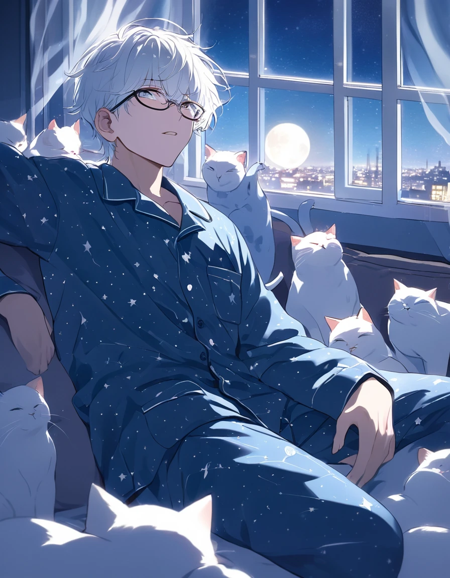 Masterpiece,  ((20 years old boy)), white hair, glasses, star pattern pajamas, surrounded by many cats, the moon from the window, Night